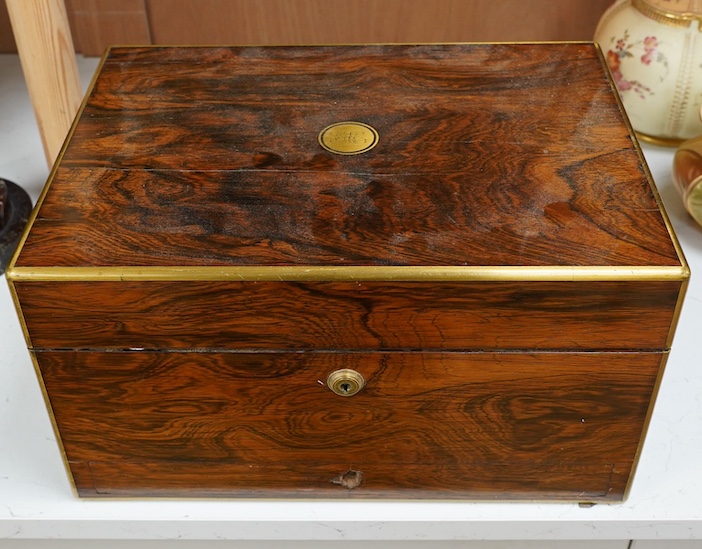 A Victorian brass bound rosewood toilet box, 36cm wide. Condition - fair to good